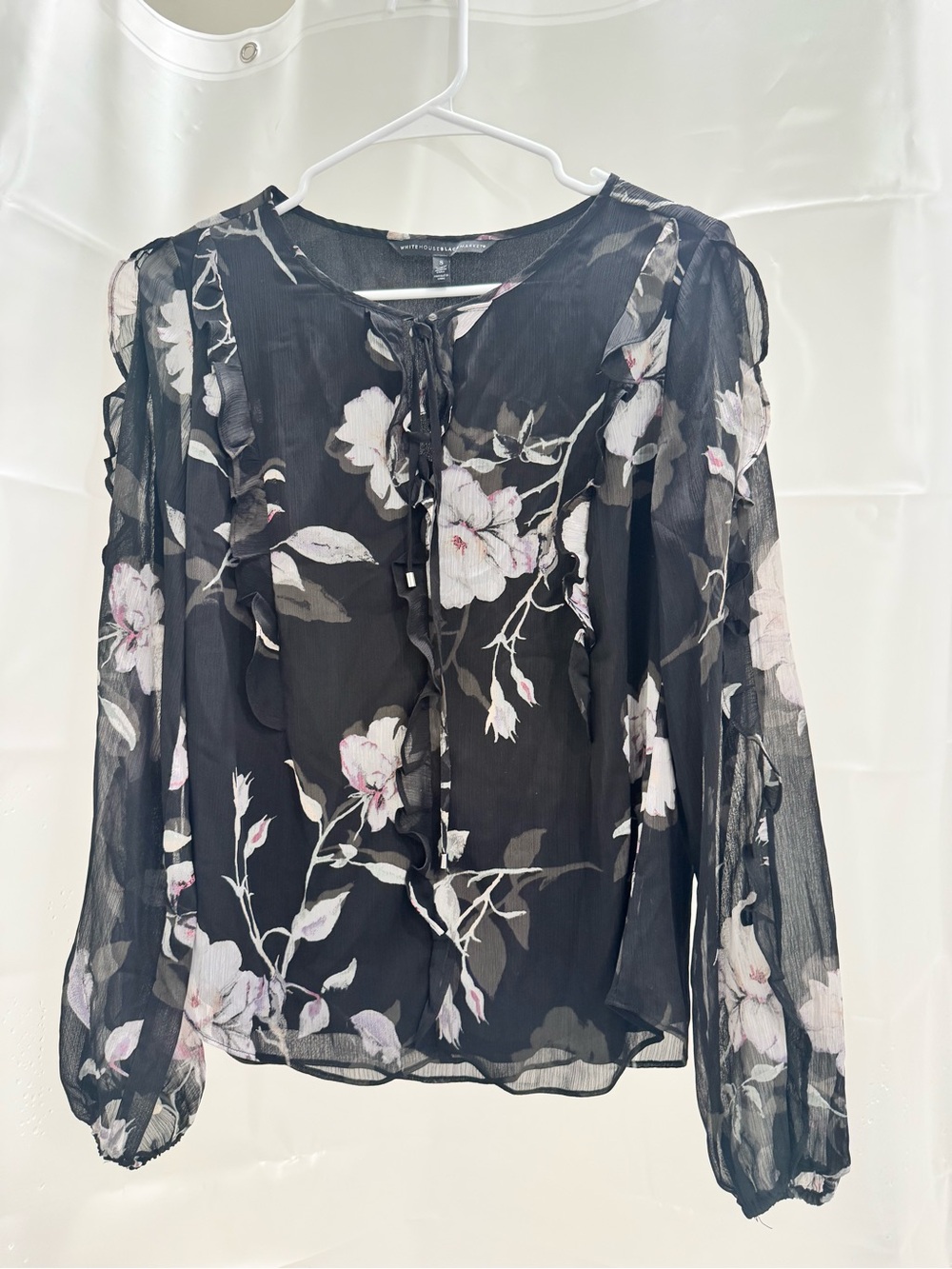 White House Black Market Black Sheer Floral Tie-Neck Blouse